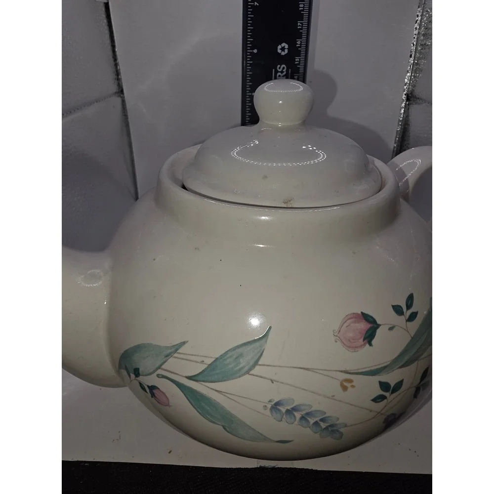 Vintage Floral Ceramic Teapot Cream with Purple and Pink Flowers Cottagecore